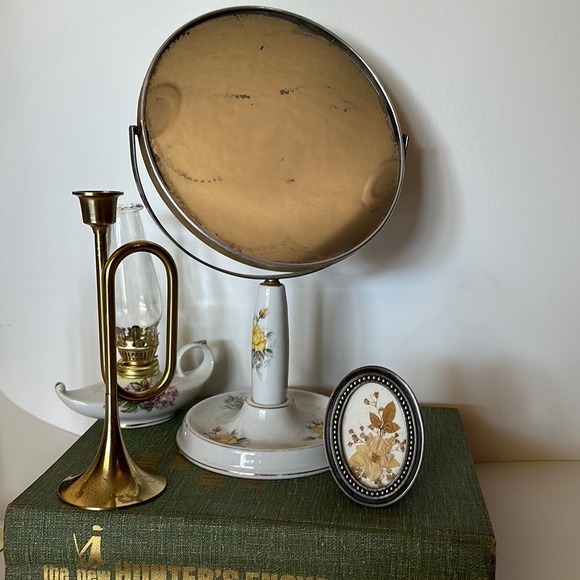 Vintage Other - Vintage Removable Hand Held Mirror Porcelain Vanity Bowl Makeup Dressing Table